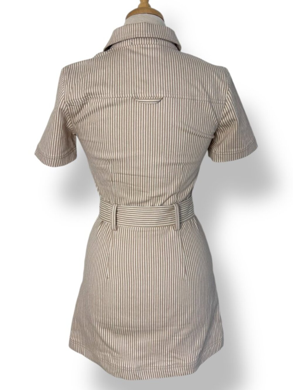 Steve Madden Belted Zip Up Collar Utility Canvas Dress Khaki White Stripe Sz XS - Picture 3 of 9